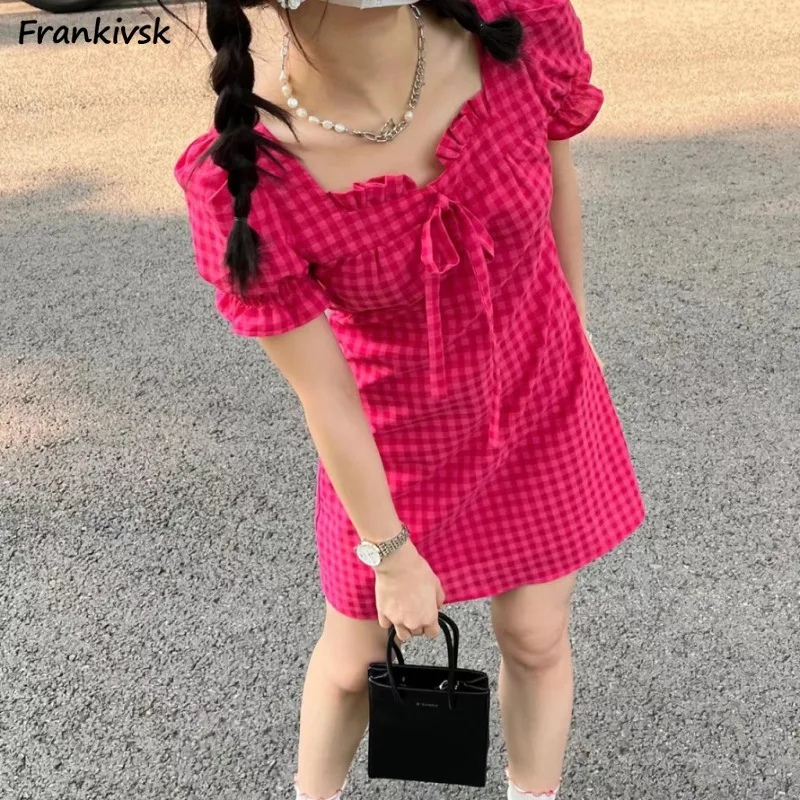 

Женские летние платья в клетку, в Корейском стиле, на шнуровке, модная уличная одежда, для студентов, праздников, кавайная Повседневная винтажная одежда