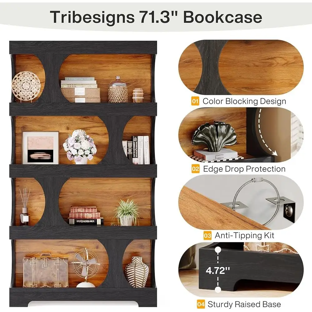 S Shaped Tall Bookcase Set of 2 4 Tier Modern Freestanding Storage Shelving Stylish Bookshelf Space Saving Display Units 6