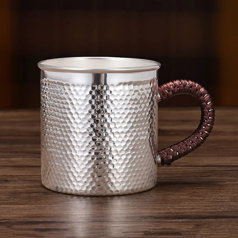 

195ml/340ml/400ml Sterling Silver S999 Mirror Hammer Pattern Teacup Large Capacity Coffee Mug Water Cup Tea Tank Health Teaset