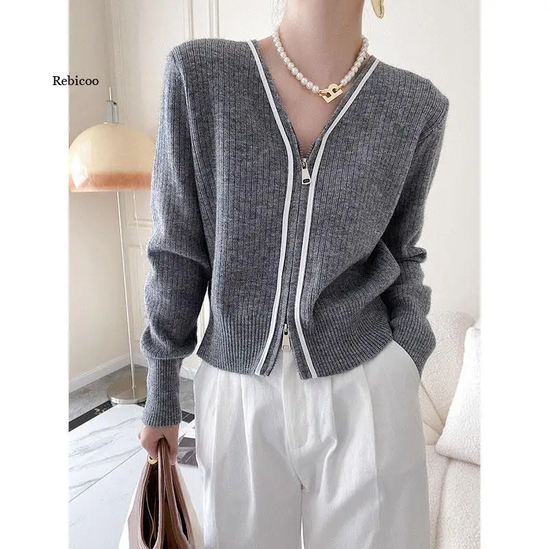 

Fall Fashion Women's Commute Two-Way Zip Knit Sweater Front Cropped Cardigan Long Sleeve V-Neck Cardigan Sweater Loose Jacket