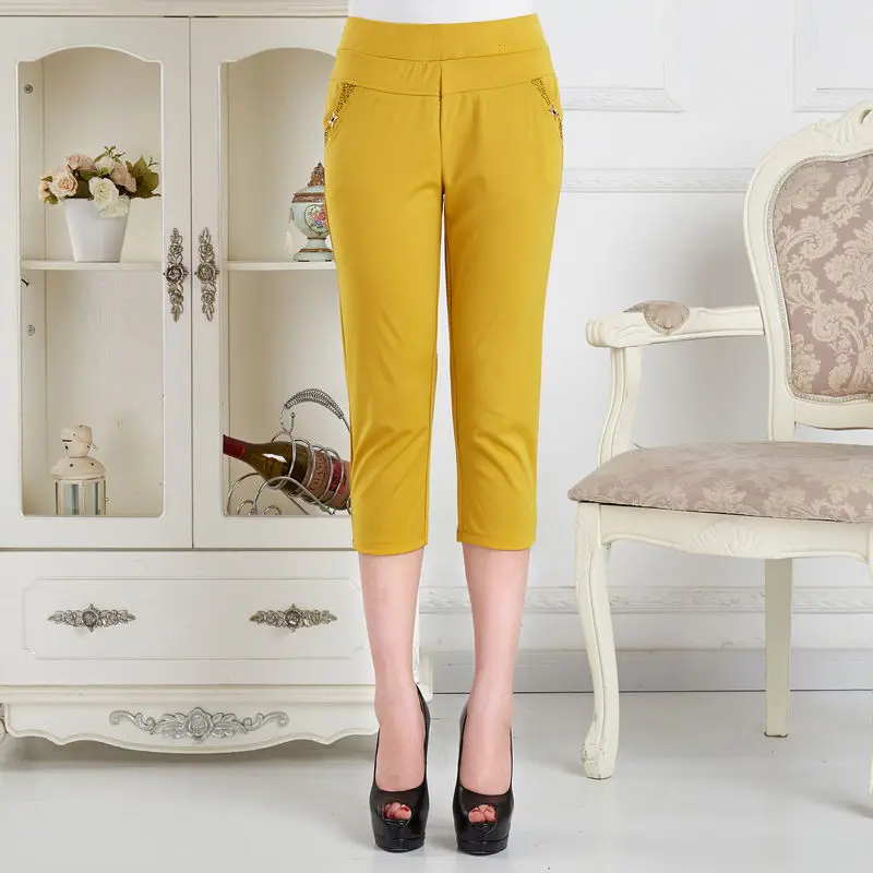 Female Clothing High Waist Elastic Pants Summer Thin Casual Solid Color All-match Fashion Diamonds Pockets Spliced Capri Pants
