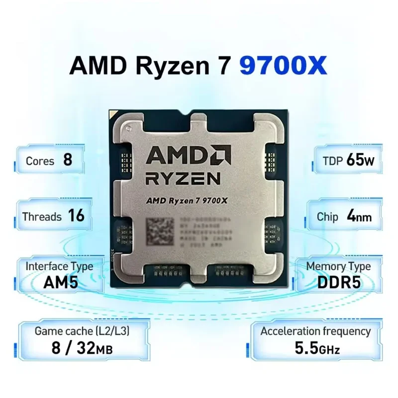 새로운 AMD Ryzen 7 9700X AM5 Zen5 게이밍 CPU 8코어 16스레드 3.8-5.5GHz 40MB 캐시 4NM 65W DDR5 데스크탑 프로세서