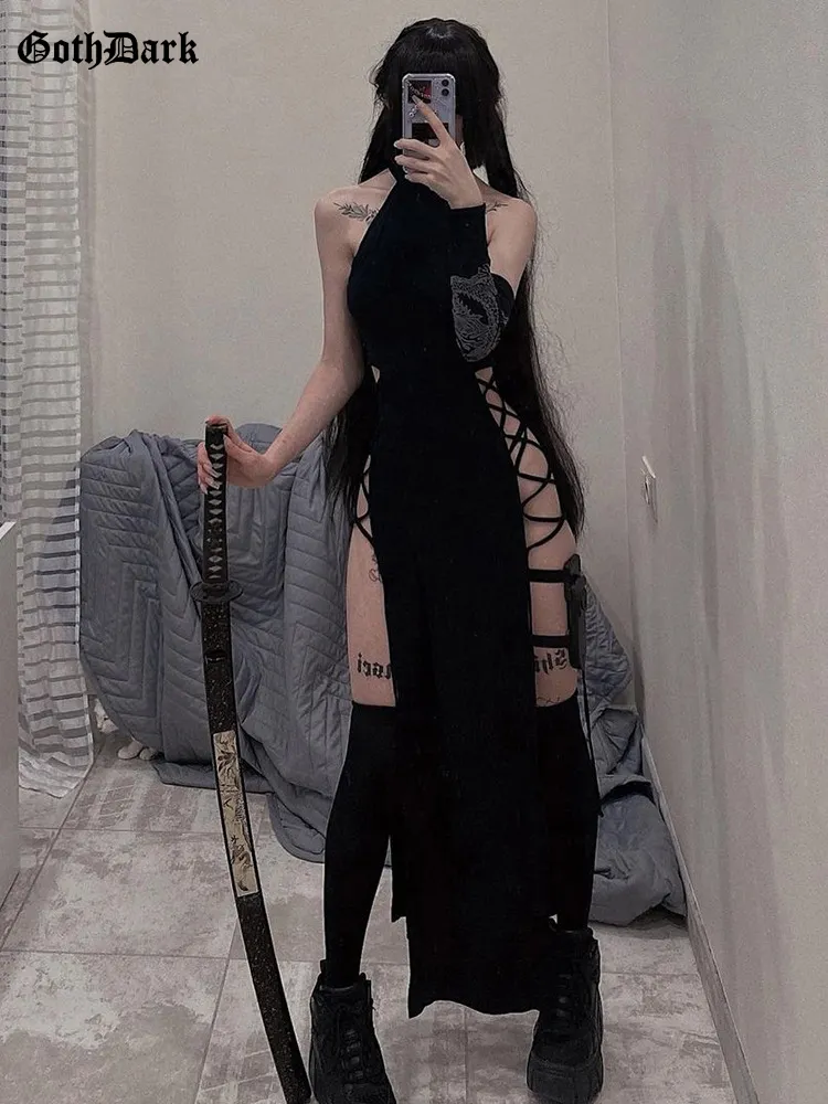 Goth Dark Cosplay High Split  Bandage Women Dresses Y2K Mall Gothic Halter Slim Midi Dress Black Grunge Style Alt Partywear