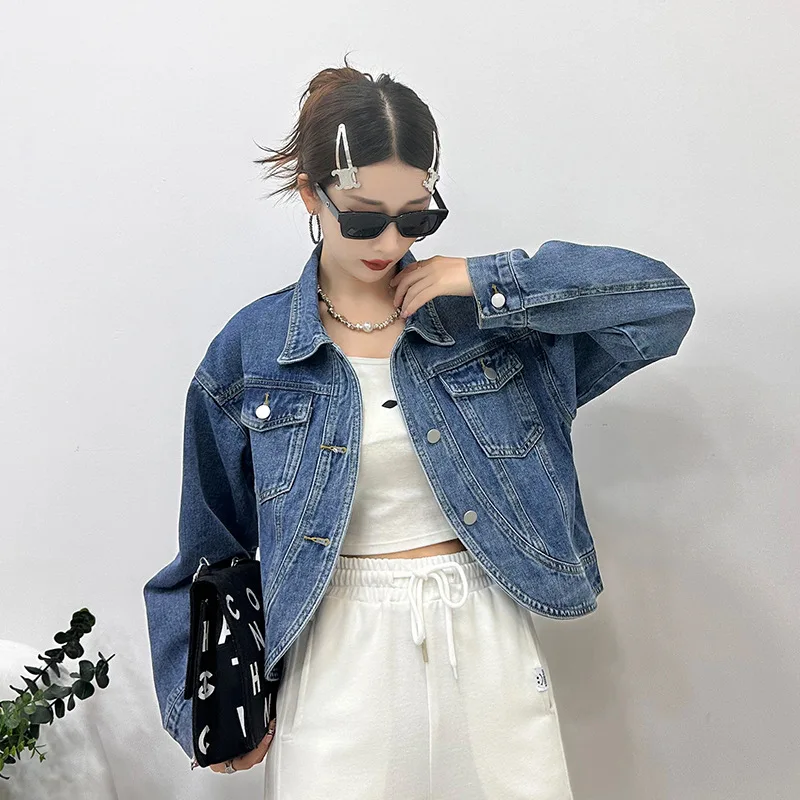 

Vintage blue short denim jacket women bomber jacket women coat overcoat jeans female