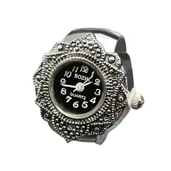 Vintage Retro Finger Ring Watch - Unique Design Jewelry Clock Gift (Black)
