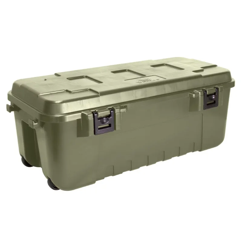 

Storage Trunk with Wheels Large 108-Quart Lockable Storage Box Store or Take Your Tools, Hunting Gear, Ammunition