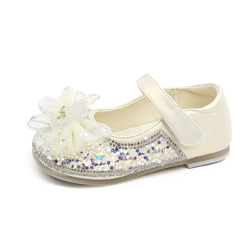 Girls Leather Shoes with Star Sequins Kids Dress Shoes Princess Style Fashion Elegant New Children Flat with Mesh Bow