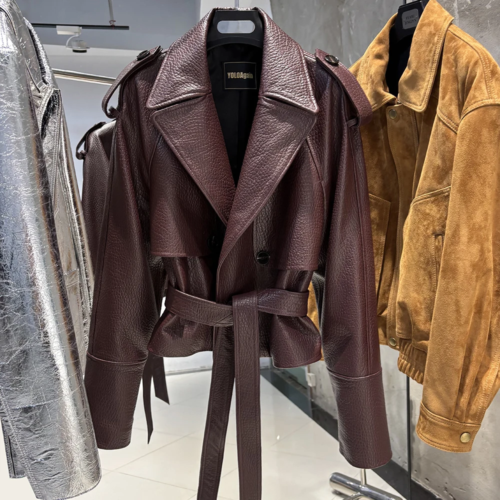 YOLOAgain veste en cuir véritable femmes veste en cuir de grain bordeaux avec ceinture