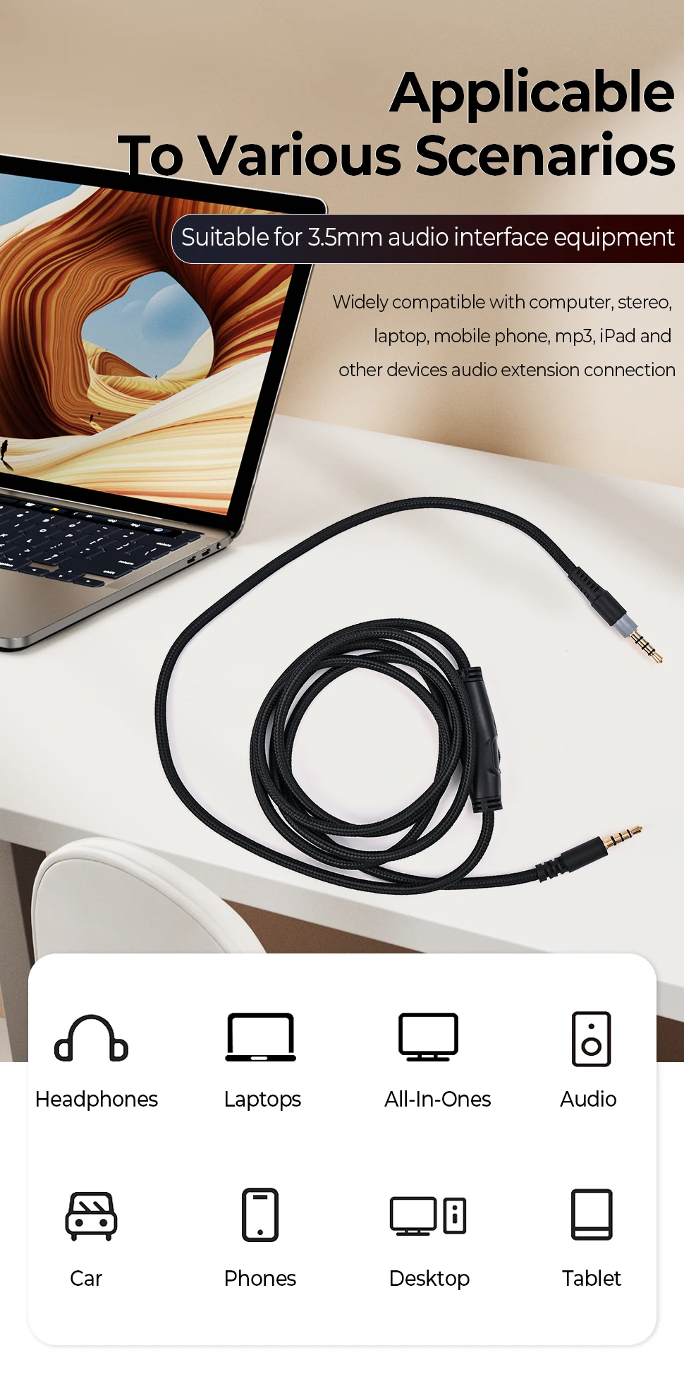 For Kingston HyperX Cloud Mix Alpha S Gaming Headsets Replacement Audio Headphone Cable 3.5mm Wires with Mic Volume Control