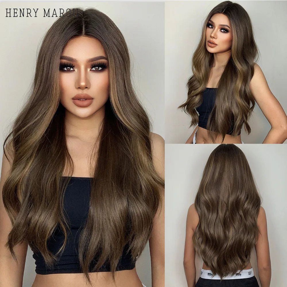 

HENRY MARGU Synthetic Highlight Lace Front Wigs for Women Ombre Dark Brown Body Wave T Part Lace Wig Heat Resistant Hair