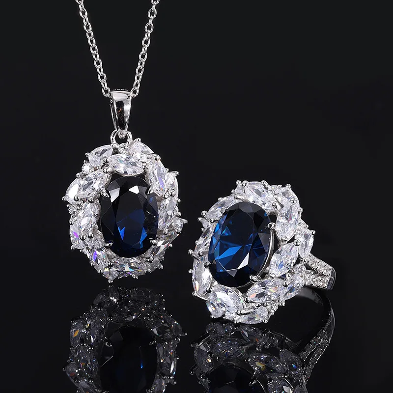 

925 Sterling Silver Lab Created Sapphire Luxury Jewelry Set For Women Pendant Necklace Engagement Wedding Ring Free Shipping