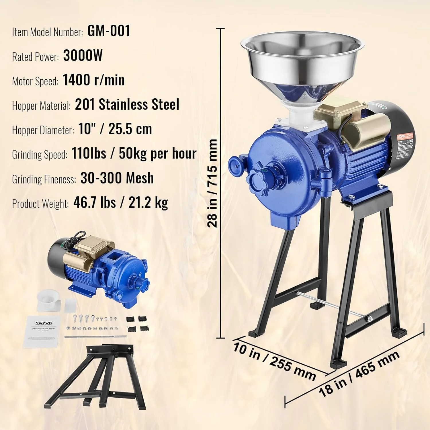 Electric Grain Mill Grinder, 3000W Spice Grinders, Commercial Corn Mill with Funnel, Thickness Adjustable Powder Machine