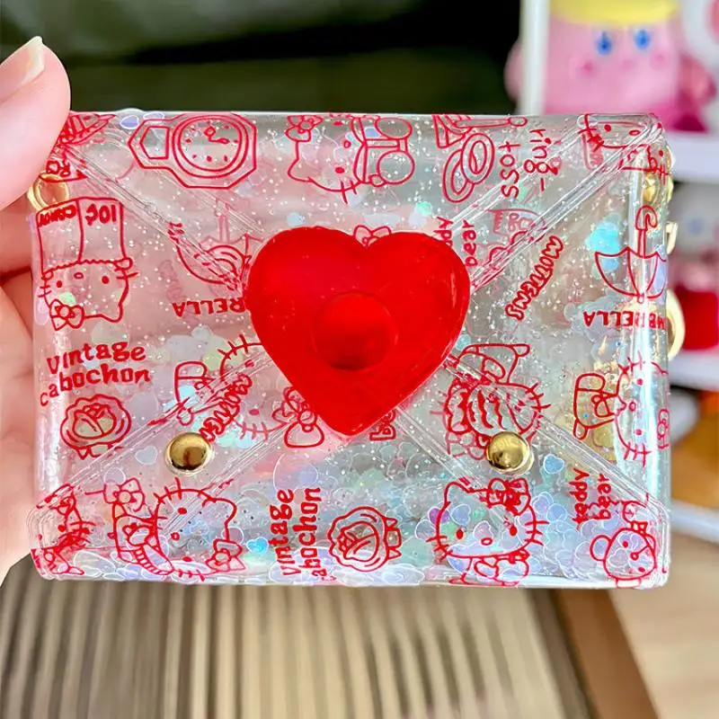 

Прозрачный пакет для карт Hello Kitty Sanrio, мультяшный мини-кошелек с сыпучим песком, сумка для хранения документов, аниме подарки периферийной девушки