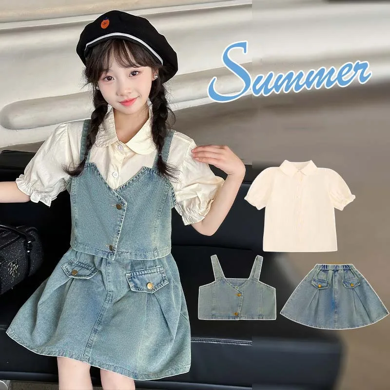 

2024 Summer Junior Girl 3PCS Clothes Set School Girl Bubble Sleeve Tops+Denim Vest+Pleated Skirt Sets Girls From 4-12 Years Old