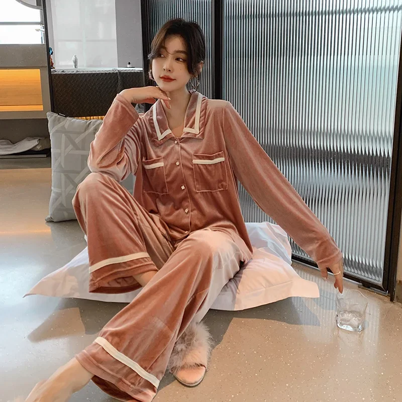 Gold Velvet Pajamas Sets for Women Autumn and Winter Hot Sale Plush Homewear Sleepwear Women's Trouser Pajamas Home Suit пижама 2020caiyier nightgown casual pajamas women autumn and winter models thick and velvet ladies plush pajamas winter warm homewears