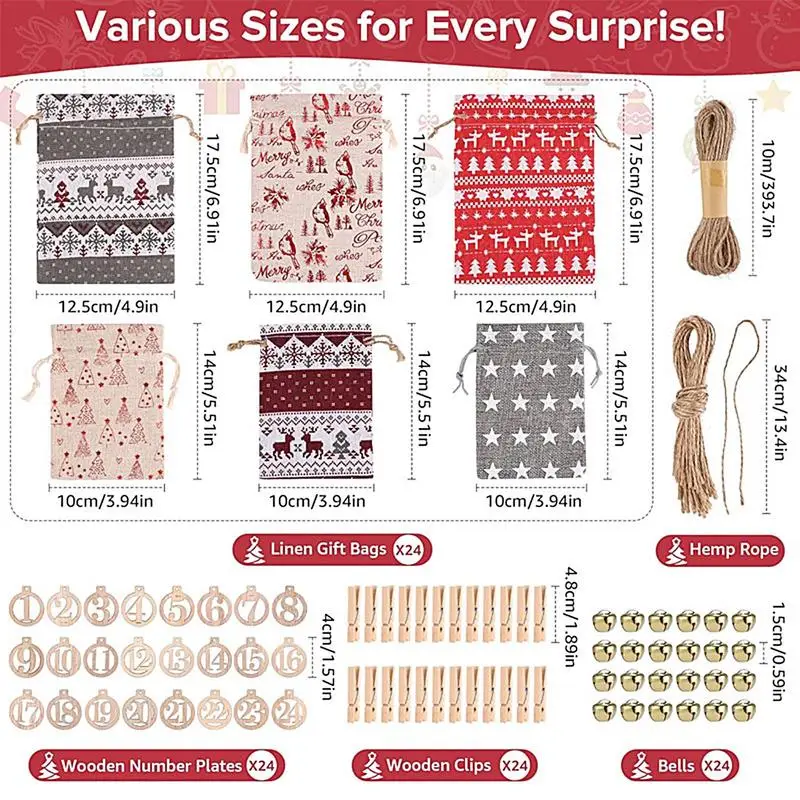 크리스마스 강림절 달력 사탕 가방, 재사용 가능한 삼베 가방, 성인 및 어린이용 홈 데코, 24 일 카운트 다운