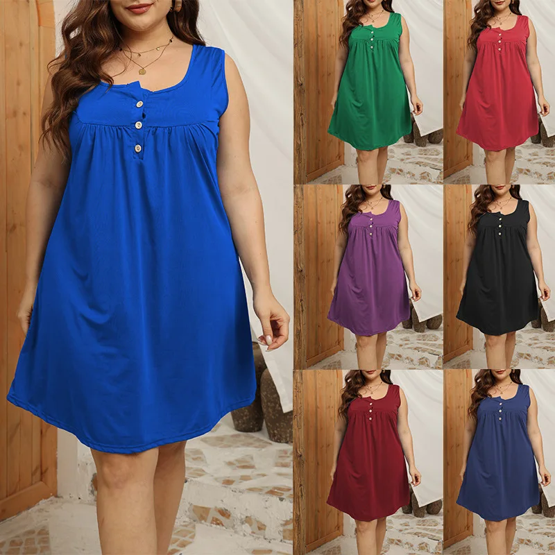 2023 Fashion Summer Crew Neck Button Pleats Plus Size Women's Clothing Casual Solid Color Tank Top Sleeveless Pleated Dresses