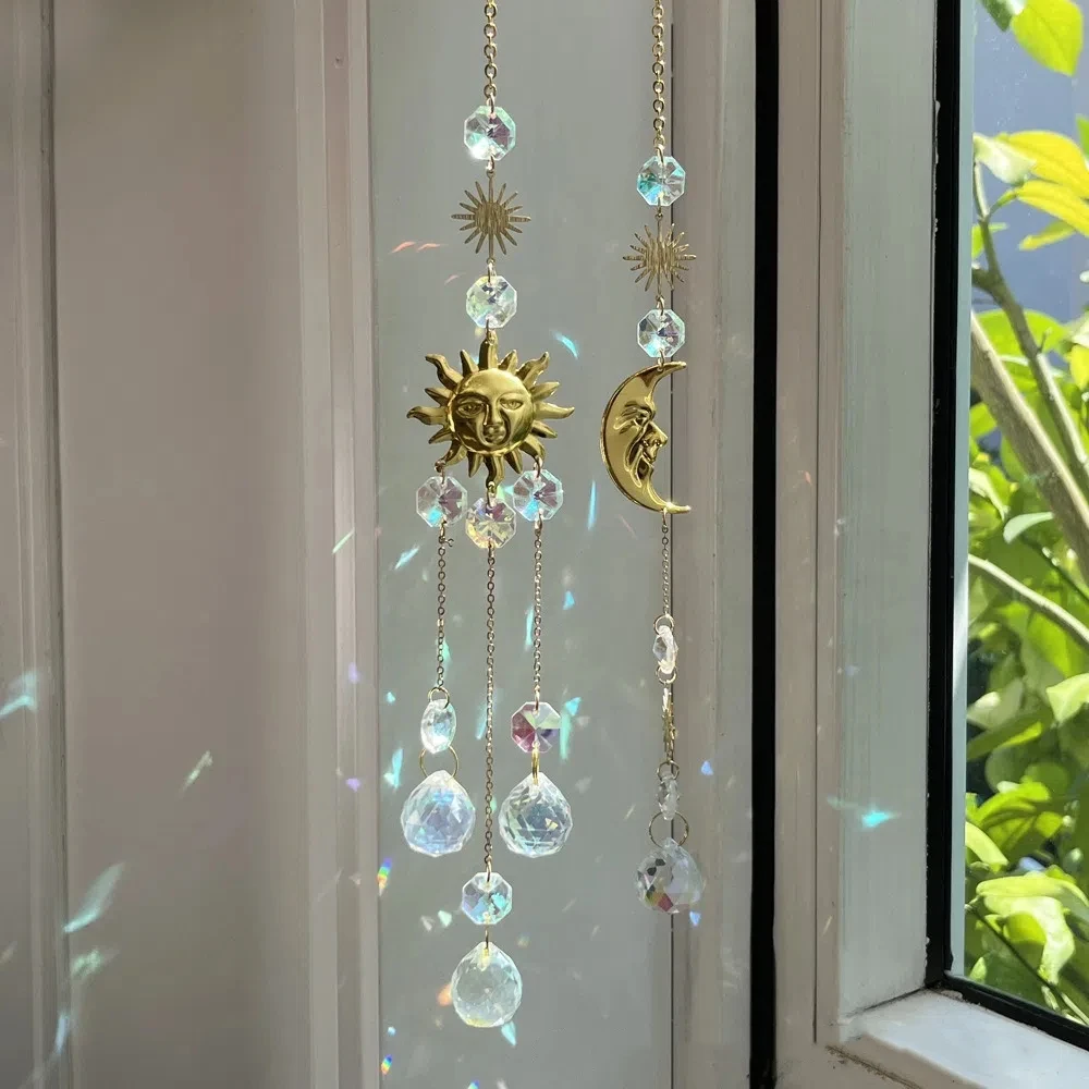 Crystal Pendant Hanging Sun Catcher Stained Glass Hanging Decor Sunlight Catcher Balcony Yard Moon Sun Crystal Wind Chime