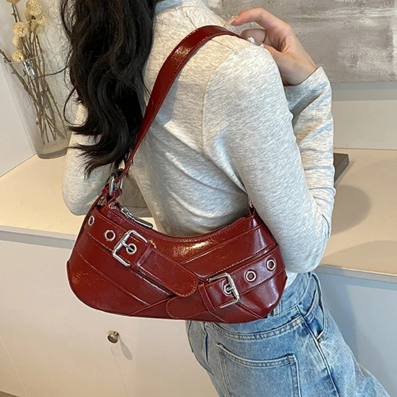 Red Vintage Shoulder Bag Y2K Belt Design PU Leather Underarm Bags for Women Trend Hot Cool Girl Crossbody Bag Punk Style Handbag