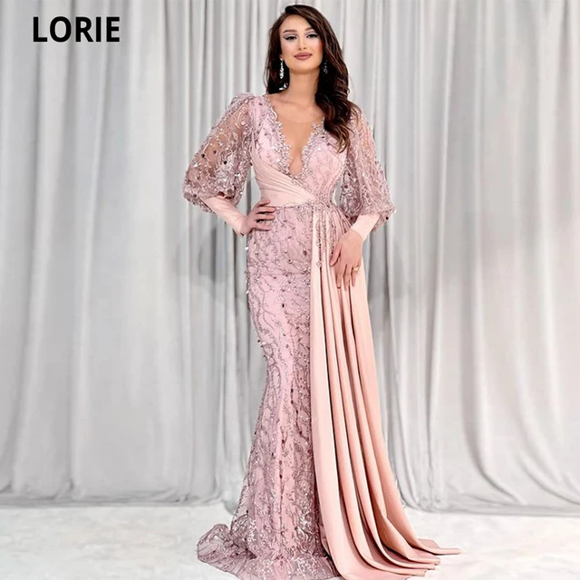 LORIE Mermaid Pink African Women Prom Dresses With Sheer Neck Appliques Sexy Long Sleeves Evening Dress Pleats Robes De Soirée Pink