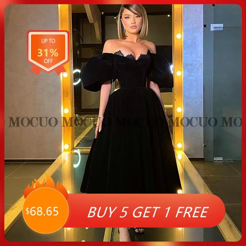 

Sexy Off Shoulder A-Line Evening Dress Velvet Lace Prom Dresses Floor Length Saudi Arabia Night Party Gowns Plus Size