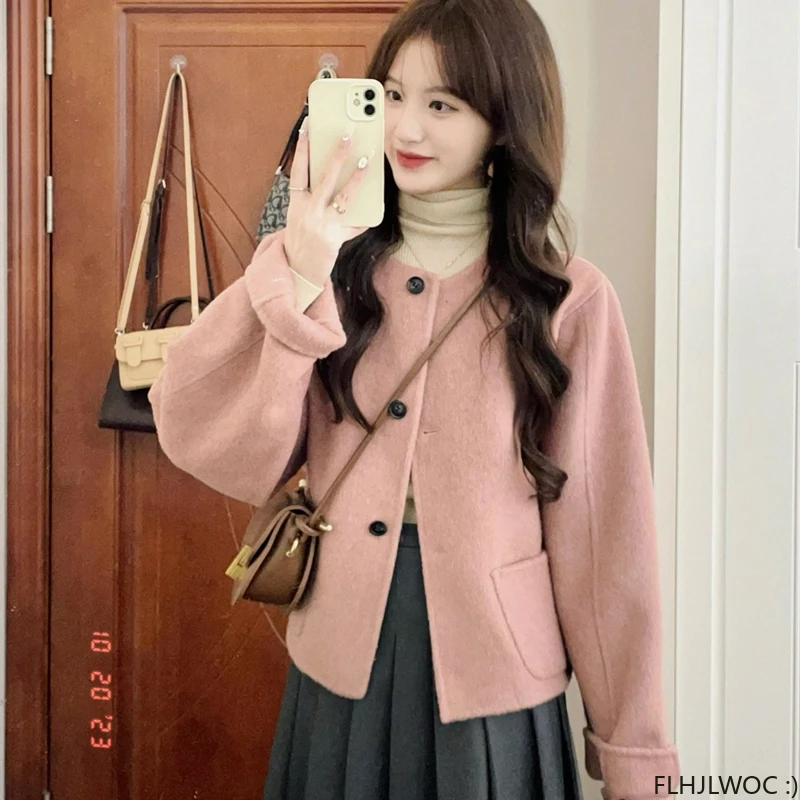 

Милые короткие куртки розовые Ретро Винтажные Элегантные Дизайнерские шикарные корейские в японском стиле для девушек офисные женские шерстяные пальто зима весна 2024