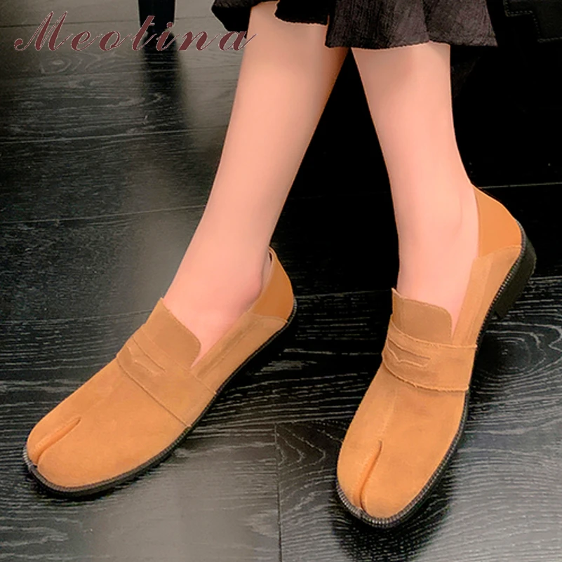 

Meotina Women Genuine Leather Loafers Split Toe Flats Sewing Cow Suede Ladies Fashion Casual Shoes Spring Autumn khaki Black