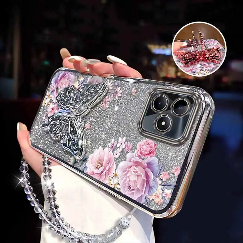 Elegant Pink Peonies Plating Bracelet Holder Phone Case Cover