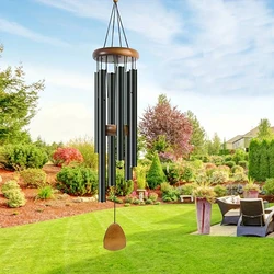 Classic Black Aluminum Wind Chimes with Wooden Hanging Tag - Elegant Balcony and Corridor Decor, Perfect Birthday Gift (Black)