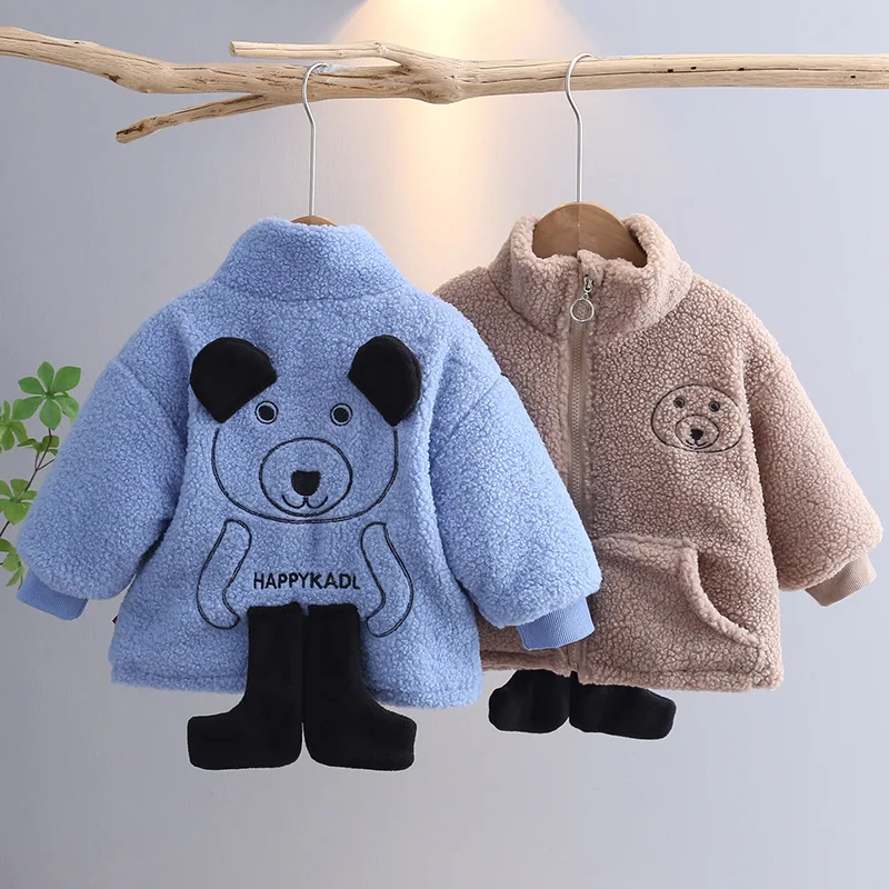 

New Boys Plush Thicken Warm Coat Cute Bear Infant Newborn Baby Girls Solid Clothes Fashion Kids Zipper Jacket Toddler Soft Outer