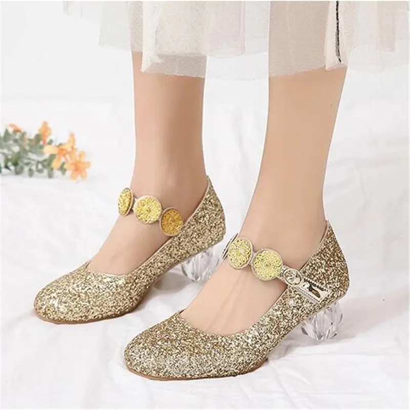 Zapatos de princesa de cristal para niñas, tacones altos, Vestido plateado, zapato de boda