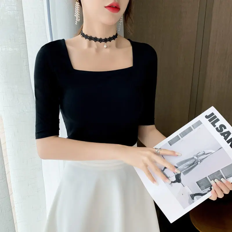 Women\'s Black Elegant Square Neck Short Sleeve T Shirt 2021 Summer Vintage Solid Color Tees Casual Streetwear Tshirt Tops