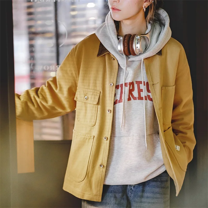 Maden Women's Vintage Michigan Canvas Jacket Classic Corduroy Lapel Collar with 4 Pockets Female Autumn Jacket Cotton Coat 2