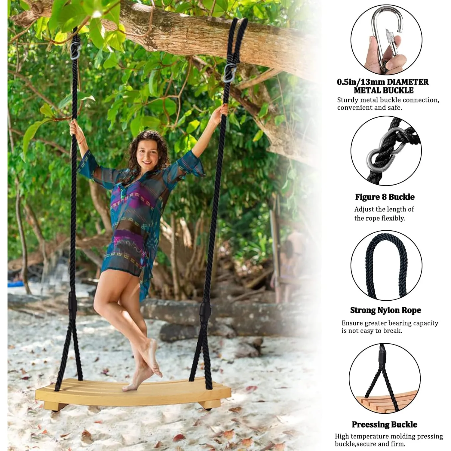 Wooden Swing Seat Hanging Tree Swing Outdoor Wood Swing Set Accessories with Height Adjustable Nylon Hanging Rope 2