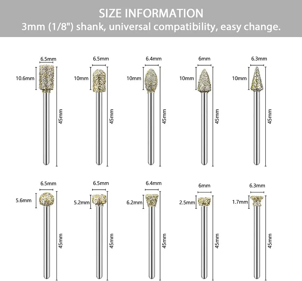 20PCS Diamond Grinding Burr Drill Bit Set for Rotary Tool Diamond Burr Bits with 1/8 Inch Shank Rotary Tool Accessories