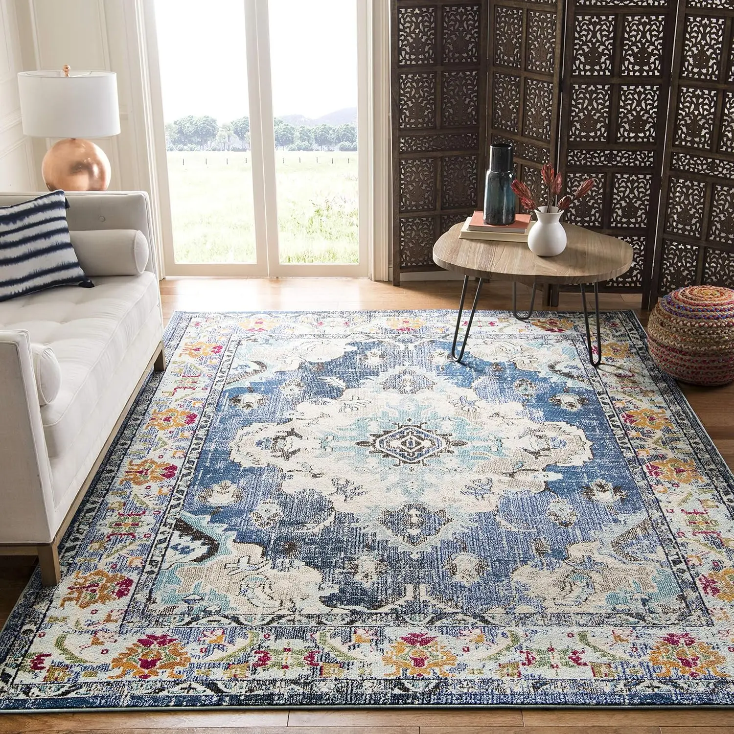 9' x 12' Navy & Light Blue Boho Chic Area Rug - Non-Shedding, Stain ...