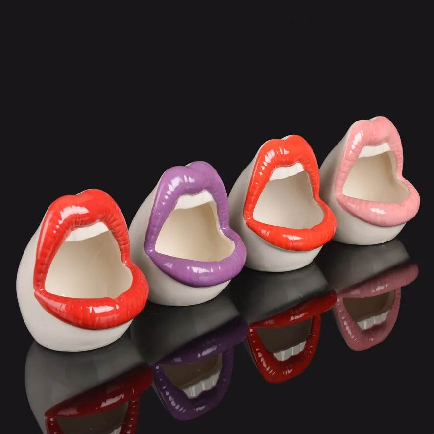 Teeth Ceramics Flowers Pots cigarettes ashtray ceramic ashtray Cute Lips Vase Green Planter Mini Ashtray China Personality Mouth Flower Vase Fashion Home D
