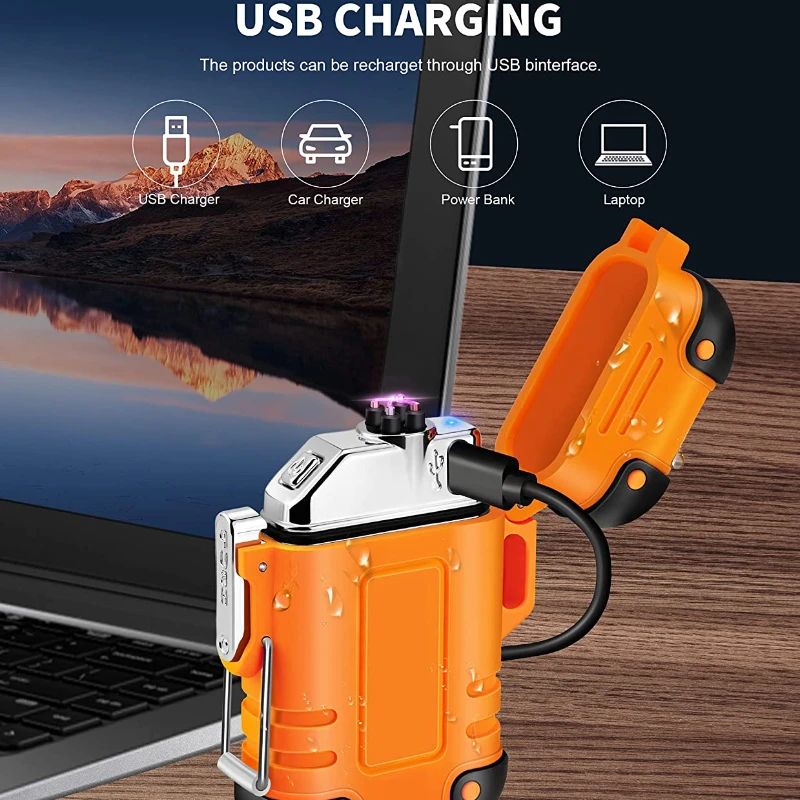 야외 방수 듀얼 아크 USB 충전 라이터, 등산 걸이형 로프, 휴대용 흡연 액세서리, 남성용 선물