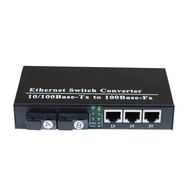 Fiber Media Converter, Fiber Optical Converter, Ethernet Switch, 2 SC Port, 3 RJ45, 10 m, 100m, 20km