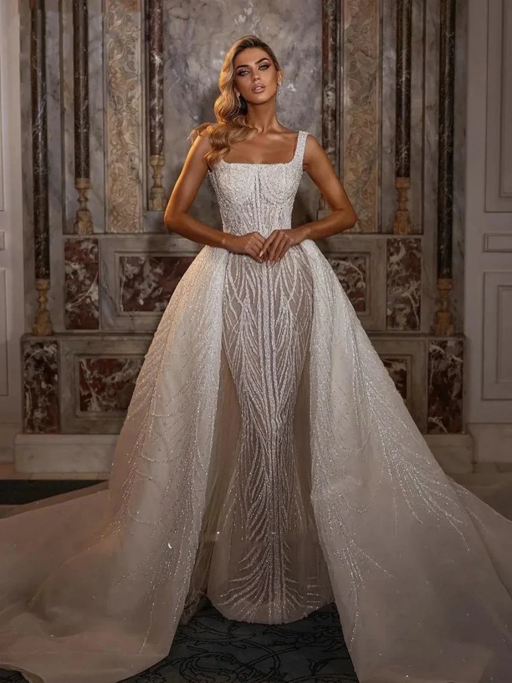 

Luxury Square Neck Wedding Dresses Sparkly Mermaid Dress For Bride Beading Floor-length Bridal Gown Vestido De Novia 2024