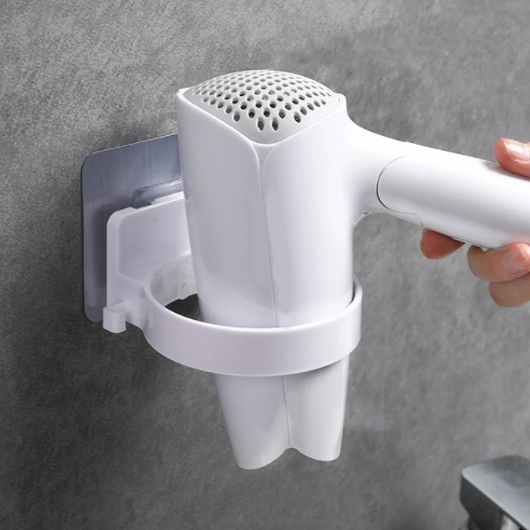 ผู้ถือเครื่องเป่าผม ABS ห้องน้ําชั้นวางทนทานสีทึบติดผนัง Rack Organizer เครื่องเป่าผมอุปกรณ์ห้องน้ํา 1