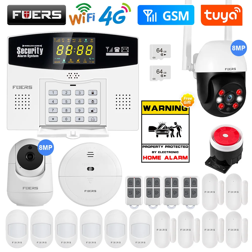 Fuers W214 4G WIFI Tuya Smart Alarm System Wireless Burglar GSM Smart Home Security Alarm Control LCD Display IP Camera