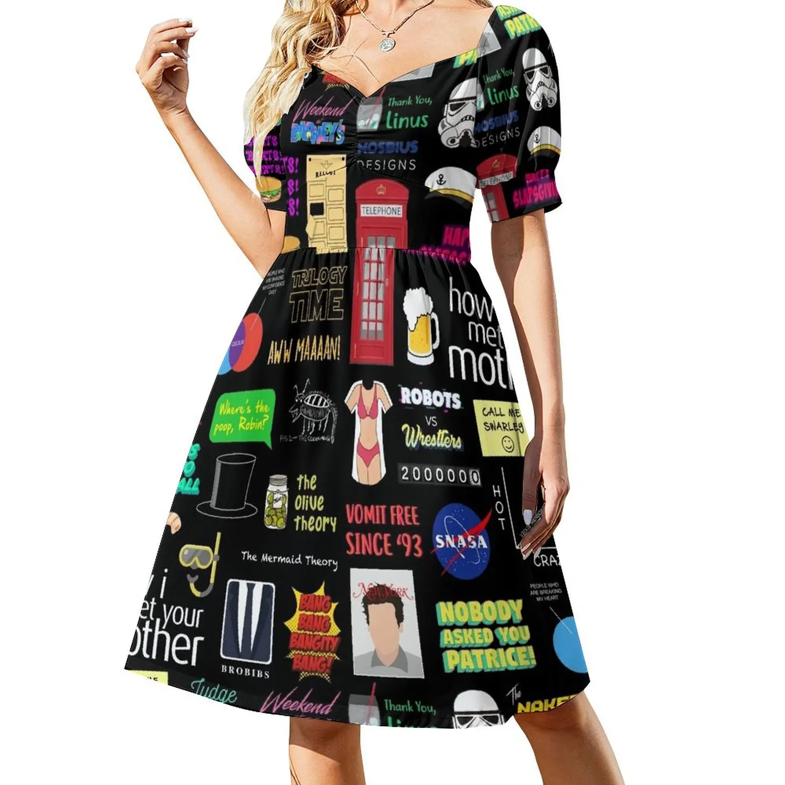thumbnail image 1 of Vestido de manga corta con collage del programa de televisión "Cómo conocí a vuestra madre" de HIMYM, vestido de noche de lujo para mujer, vestidos de verano para mujer, 1 of 7