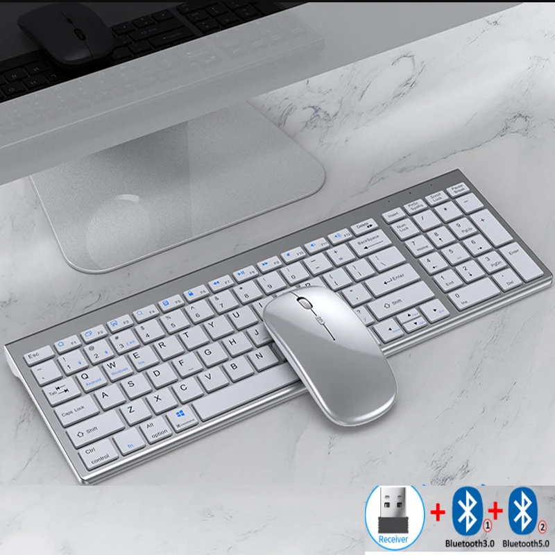 Combo Tastiera E Mouse Wireless 2.4 GHz - Silenziosa, Impermeabile, Con 12 Tasti Multimediali - Per PC, Desktop, Portatili (Argento)