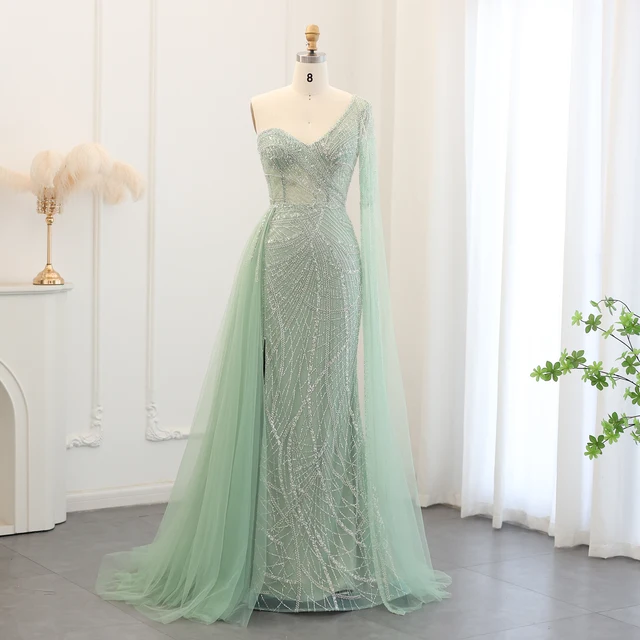 Luxury Mermaid One Shoulder Sage Green Evening Dress with Cape Sleeves Plus Size Women Blue Wedding Party Gown 054 1