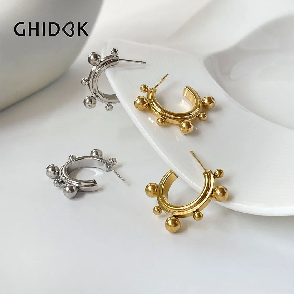 Ghidbk Statement Gold Silver Color Multi Balls Chunky Hoop Earrings For Women Geometric Minimal Open Earrings Stainless Steel