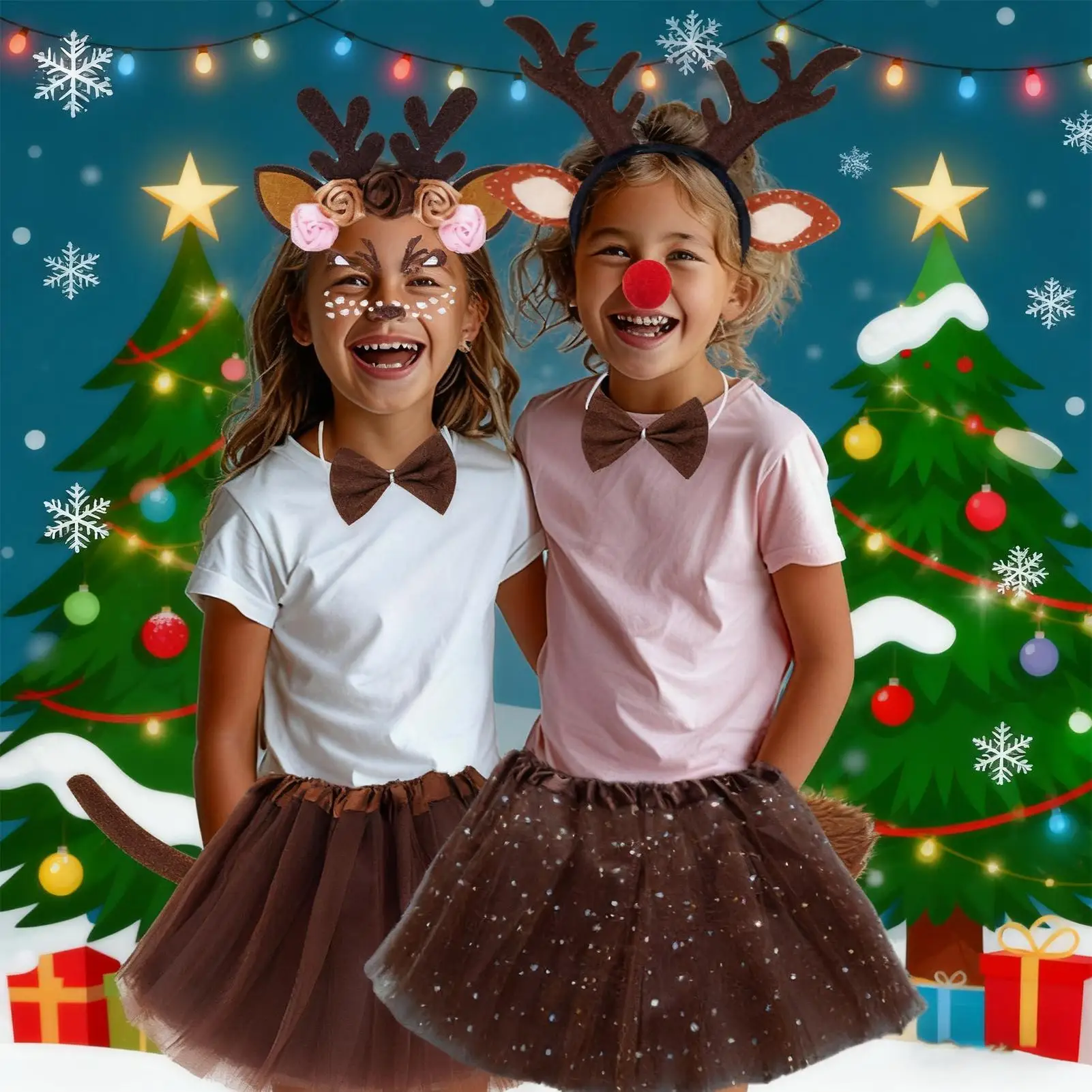 Reindeer Headband Cute Animal Horns Headpiece Deer Ears Headband And Tails For Winter Festive Halloween Holiday Party Cosplay