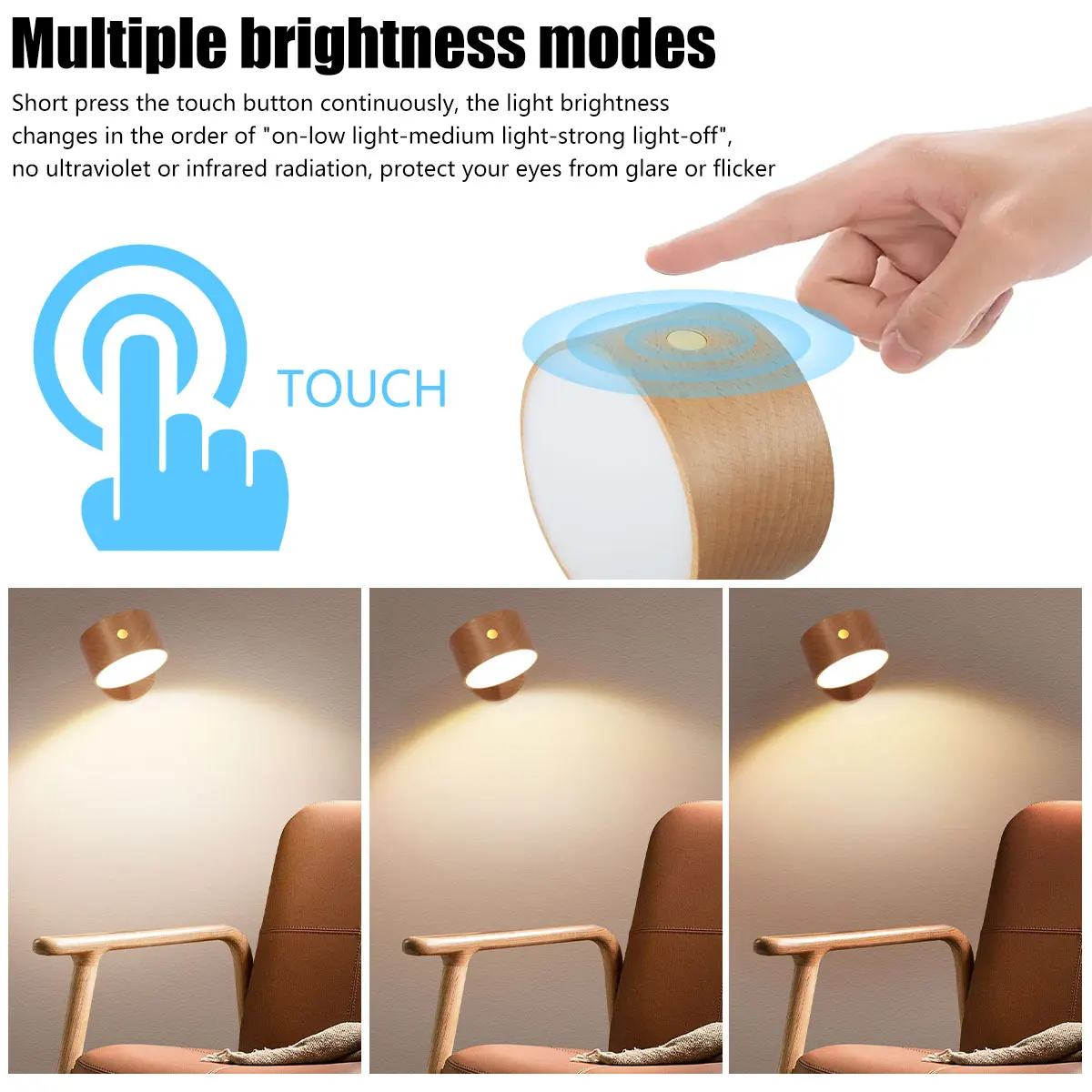 모던 벽 스콘스 LED 벽 램프, 밝기 3 단계 밝기 조절 터치 컨트롤, 1500mAh USB 충전식 배터리, 360 ° 회전