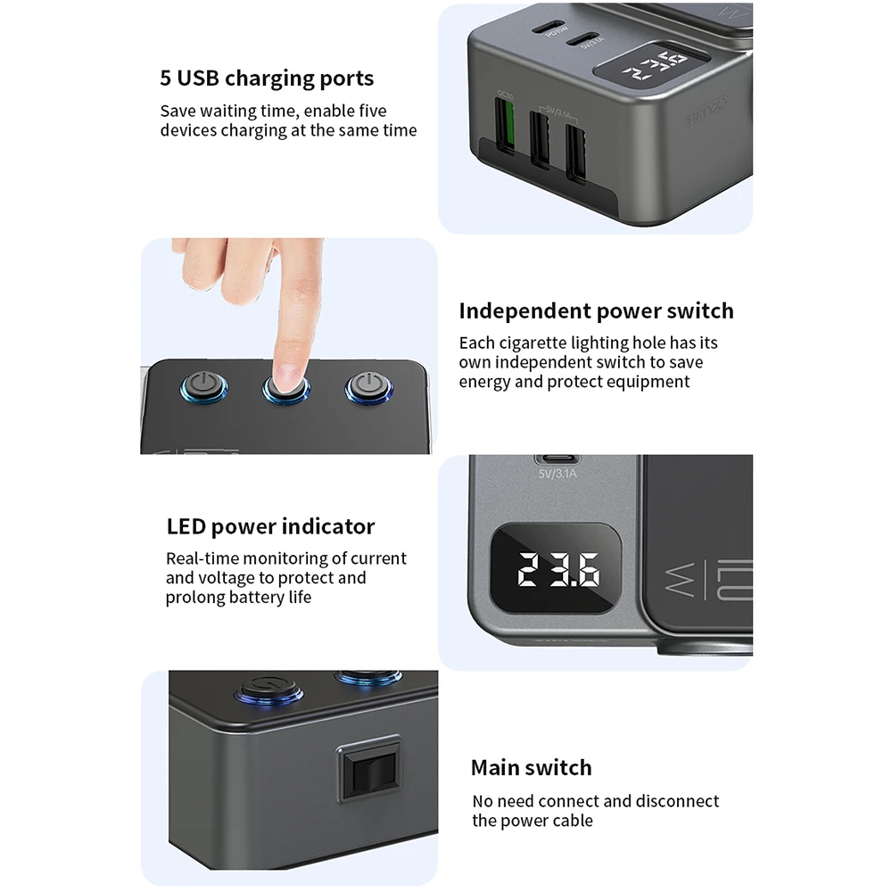 Caricabatteria per auto multifunzionale ad alta potenza da 120 W Accendisigari per auto con ricarica super veloce da uno a tre Display della tensione del caricabatterie rapido - Image 2