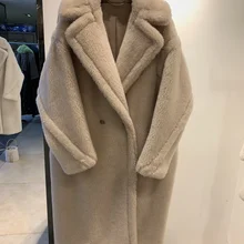Menina bonita real casaco de pele longa inverno jaqueta feminina 100% lã tecido grosso quente solto outerwear oversize streetwear teddy